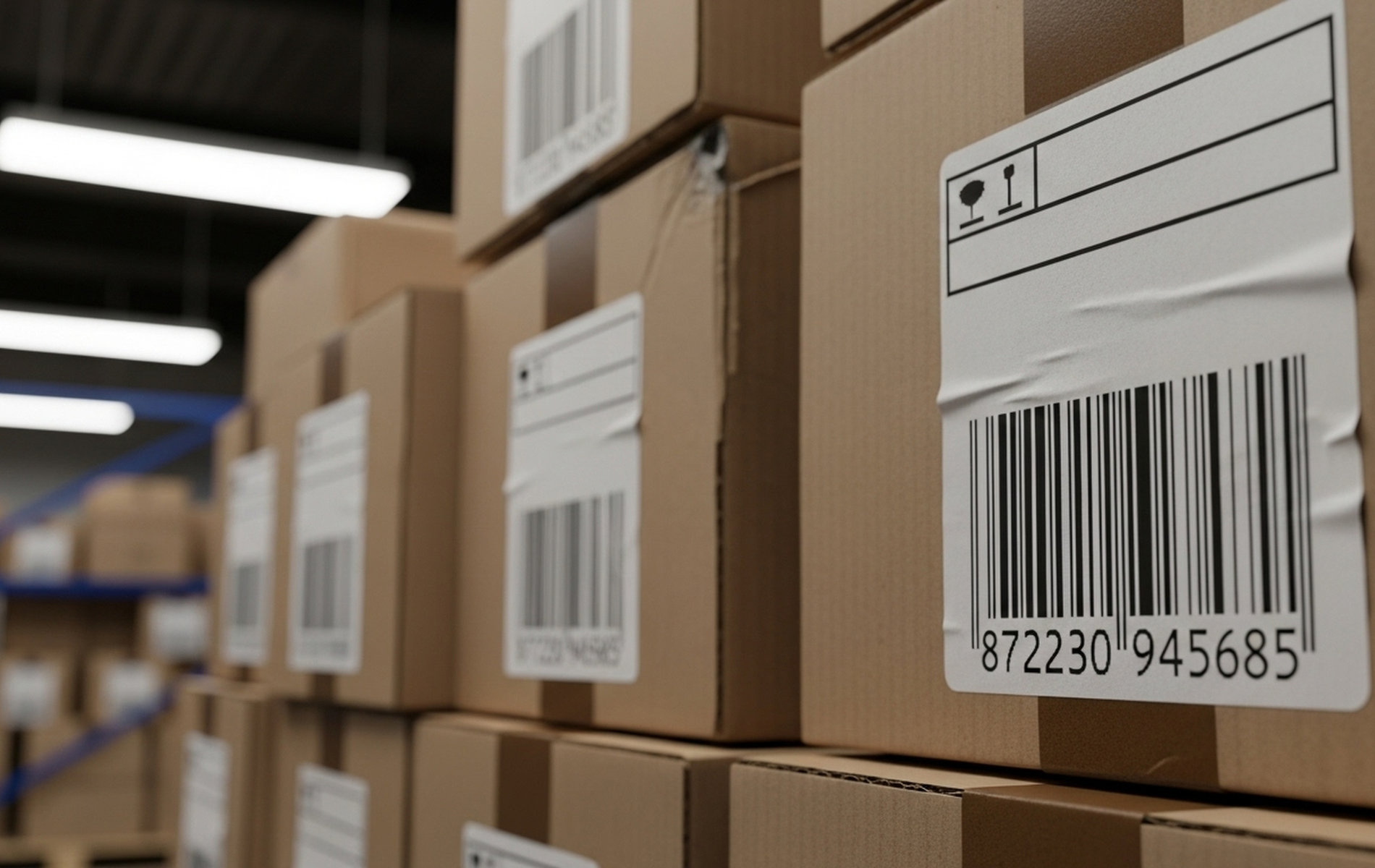 Cardboard boxes with barcode labels stacked in a warehouse setting, lit by overhead lights.