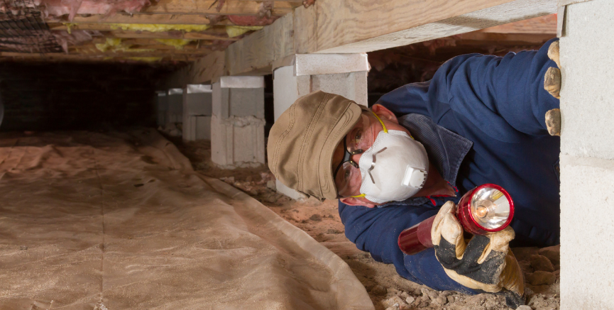 Person with flashlight examines crawlspace under house.
