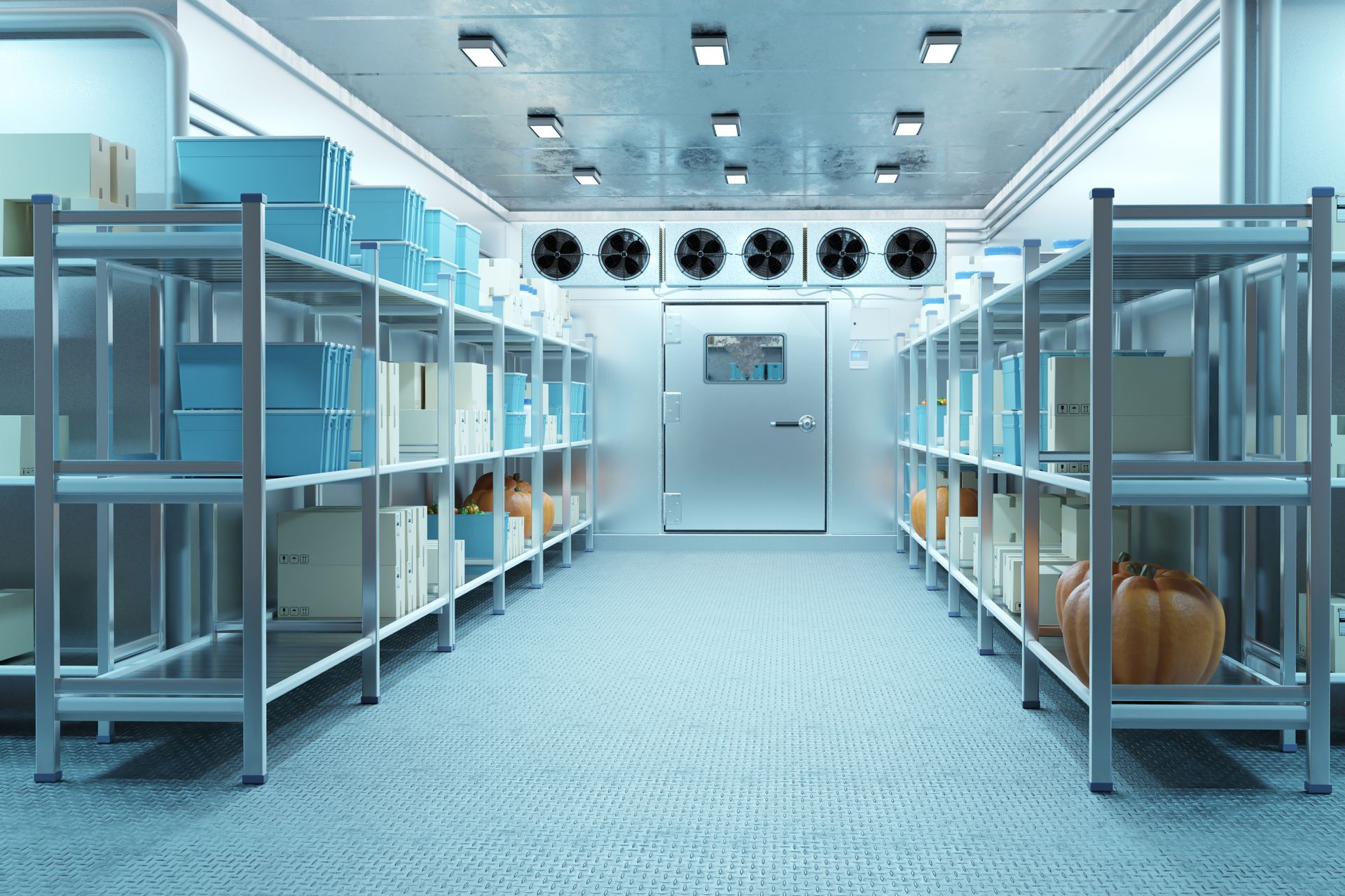 Interior of a walk-in freezer with metal shelving holding boxes and pumpkins. Door at the end.