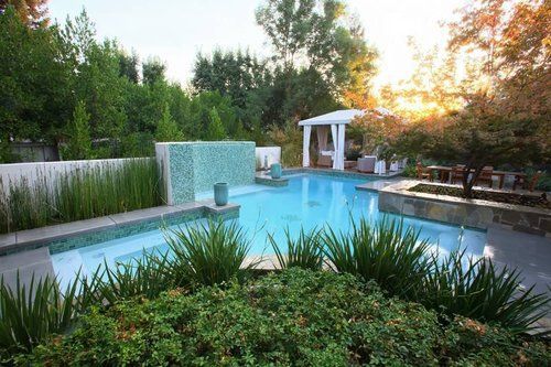 A large swimming pool surrounded by trees and bushes in a backyard