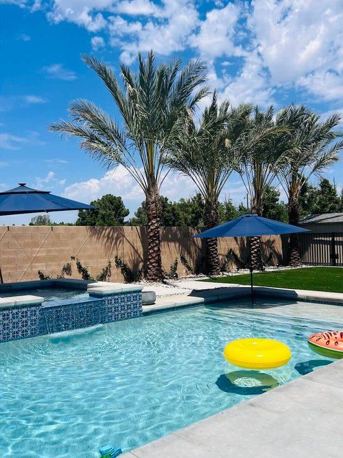 A large swimming pool with palm trees and umbrellas in the background.