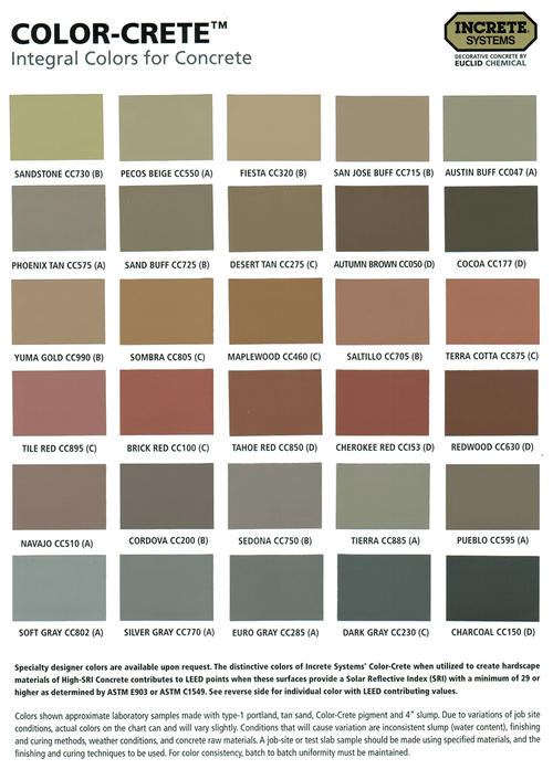 A color-crete integral colors for concrete color chart