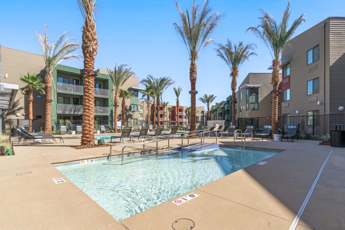 A large swimming pool surrounded by palm trees in a residential area.