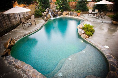 A large swimming pool surrounded by chairs and umbrellas in a backyard.