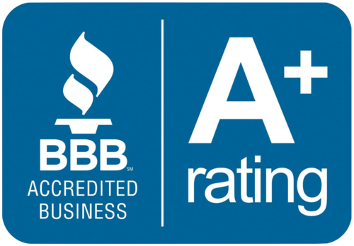 A blue sign that says BBB accredited business and A+ rating