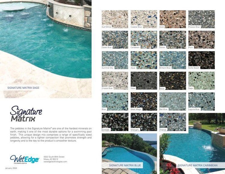 A brochure for wet edge signature matrix shows a swimming pool