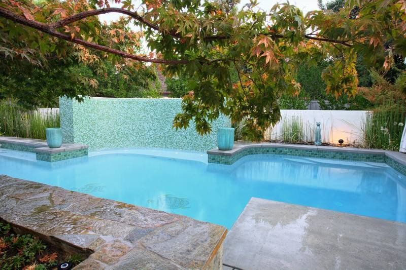A large swimming pool surrounded by trees in a backyard.