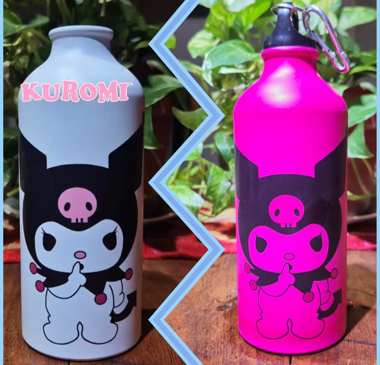 Dos botellas de agua Kuromi, gris y rosa, con el diseño del personaje Kuromi en ellas.