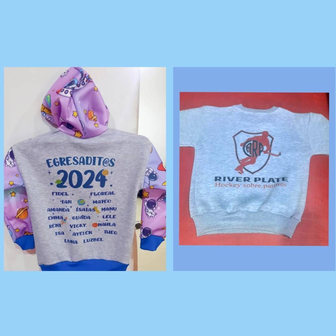 Dos sudaderas grises. Una con diseño de graduación (2024) y la otra con el logo de River Plate.