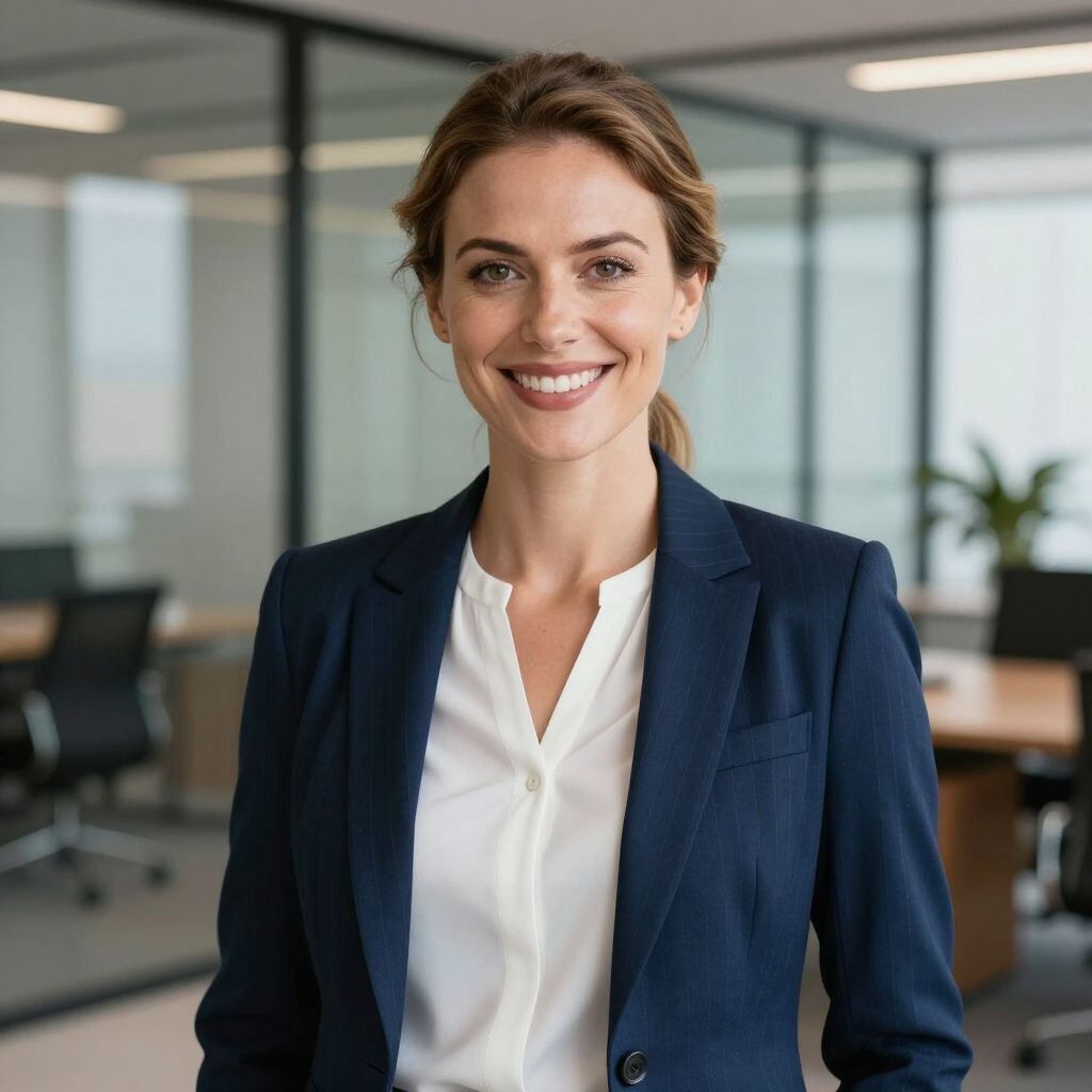 A smiling professional in a navy blue blazer and white blouse, centered in a brightly lit, modern office environment.