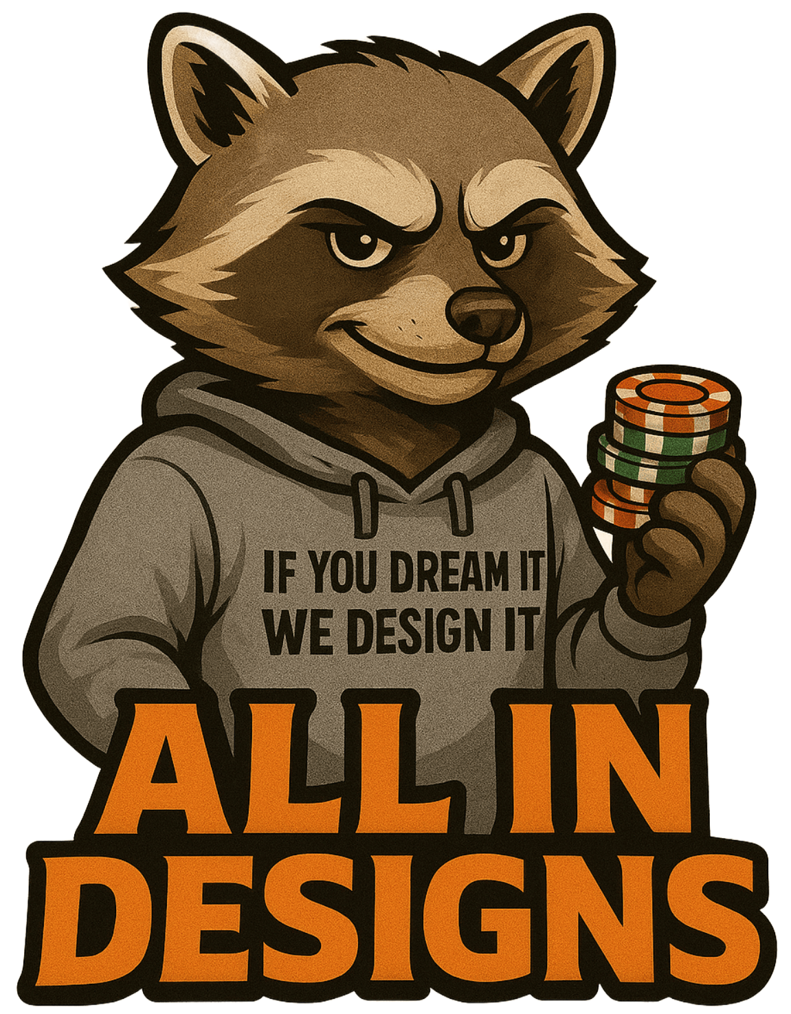 A raccoon mascot in a grey hoodie holding poker chips, with text reading 
