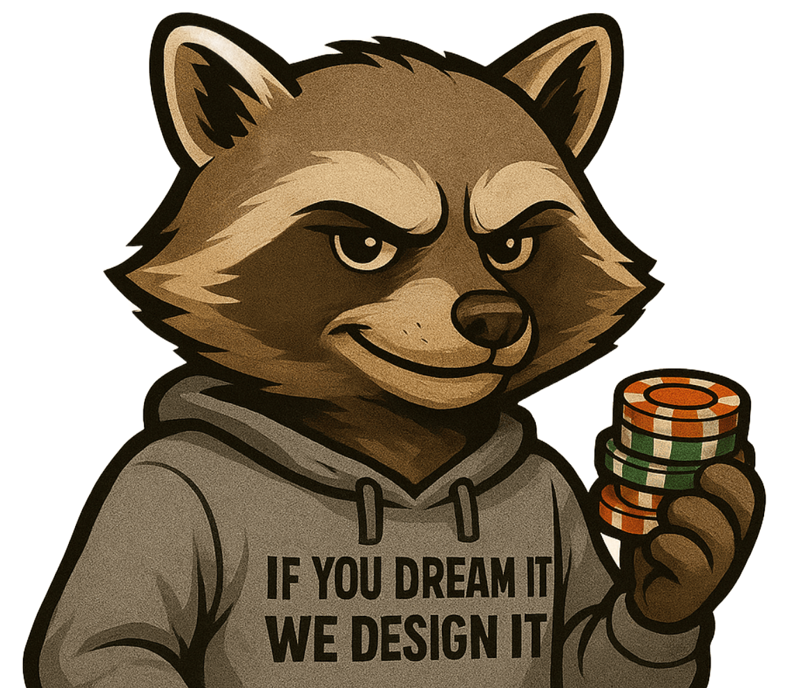 A cartoon raccoon in a gray hoodie holding a stack of poker chips. The hoodie text reads: 