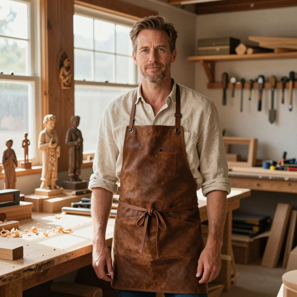A woodworker in a brown leather apron stands in a workshop surrounded by carved wooden figures and tools on shelves.