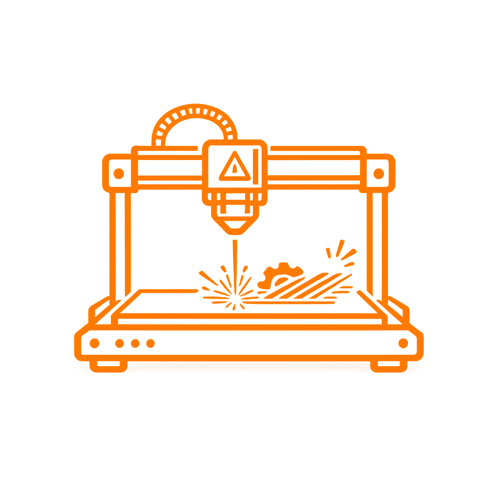 Orange line-art icon of a 3D printer in action, showing a nozzle head over a printing bed with sparks and a gear design.