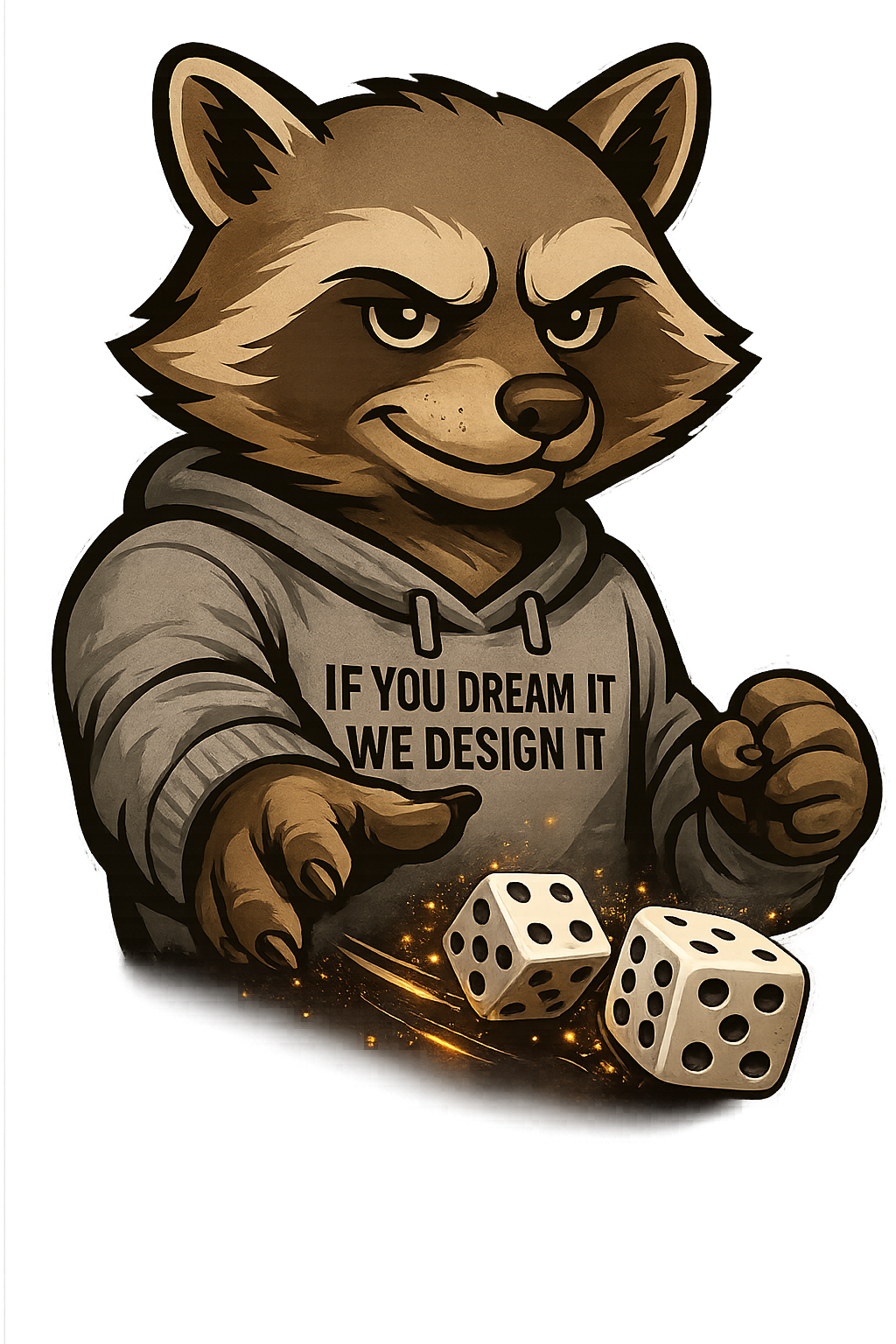 A cartoon raccoon in a gray hoodie reading 