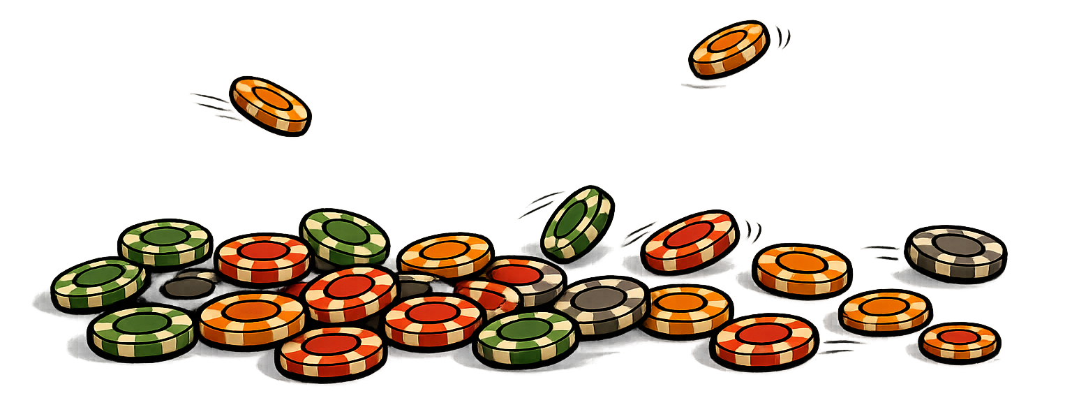 A collection of red, orange, green, and gray poker chips scattered on a white surface, with two chips mid-air.