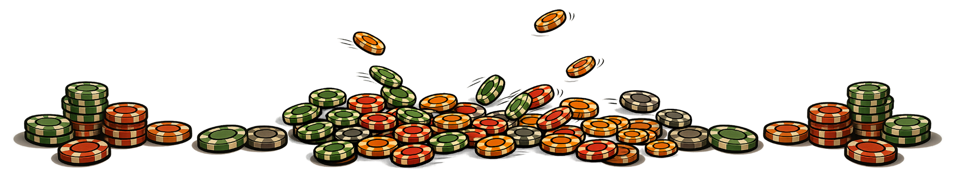 A pile of small, donut-shaped, orange and green food or treats, with a few pieces scattered in mid-air.