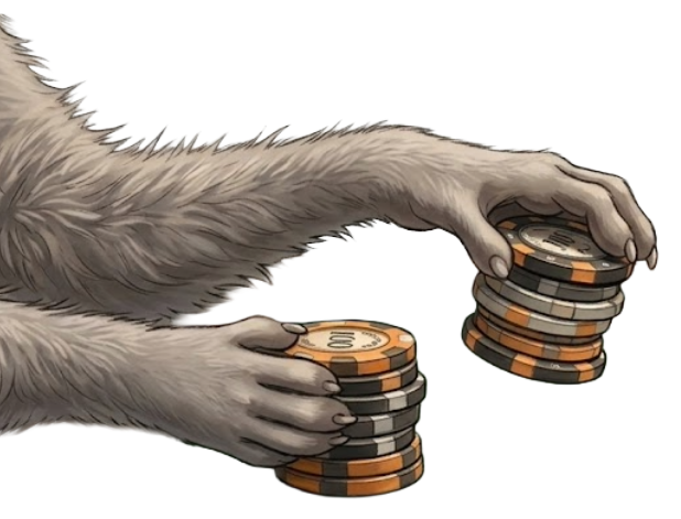 Furry arms with animal-like hands holding two stacks of orange and black poker chips with the number 100 on them.