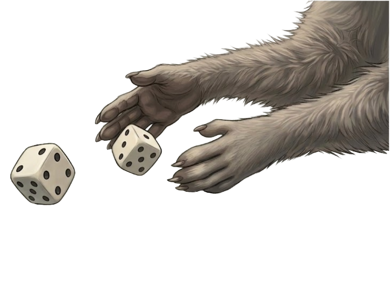 Two furry, clawed paws rolling two white dice against a plain white background.
