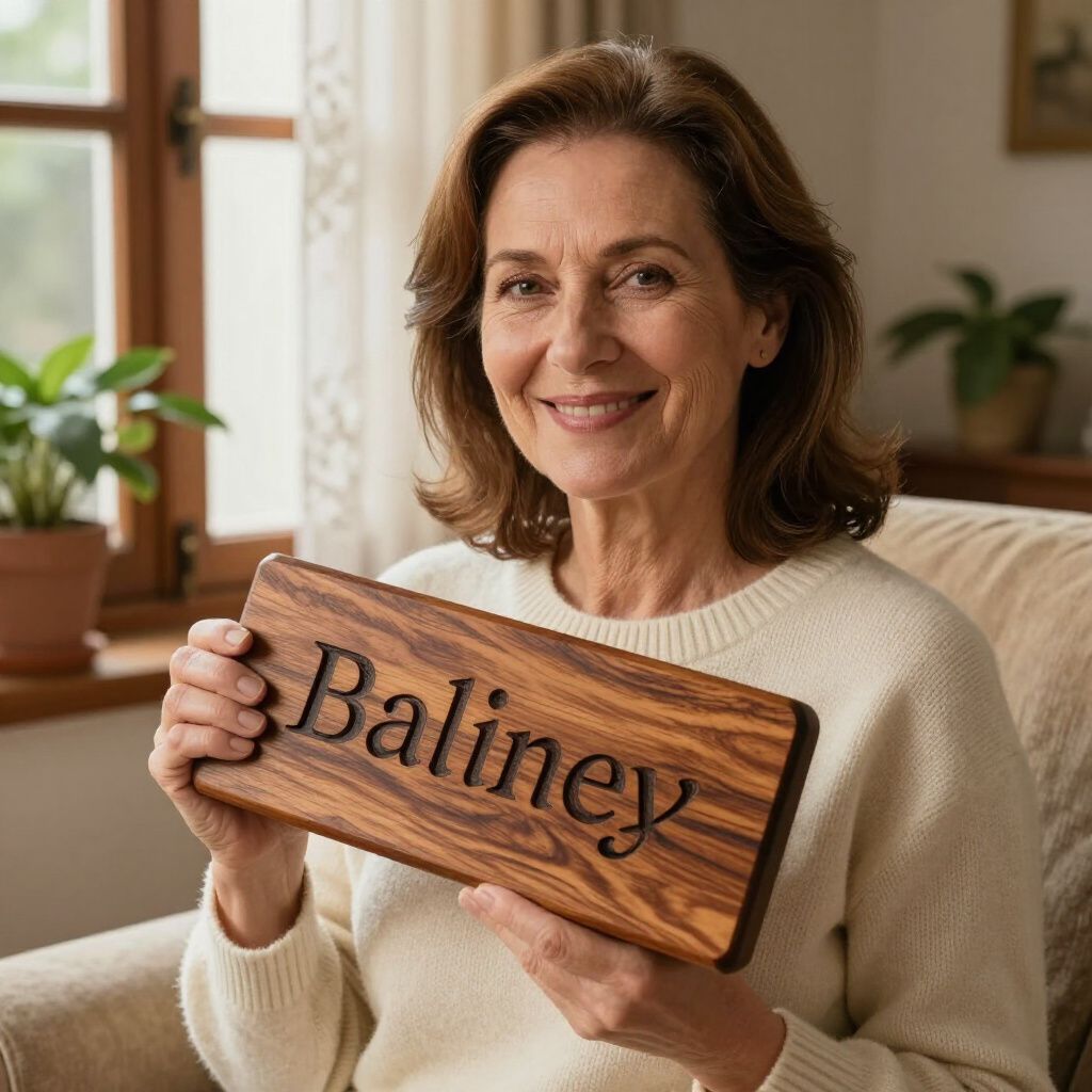 A person smiles while holding a horizontal wooden sign with the word 