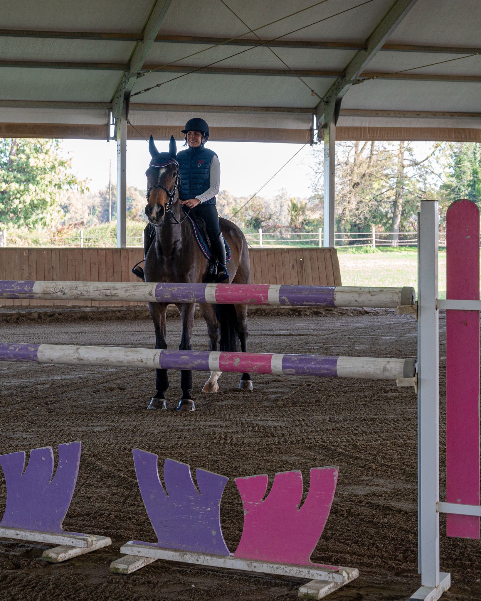 Donna a cavallo durante una gara di equitazione; cavallo marrone, giacca blu, casco, sguardo rivolto avanti.