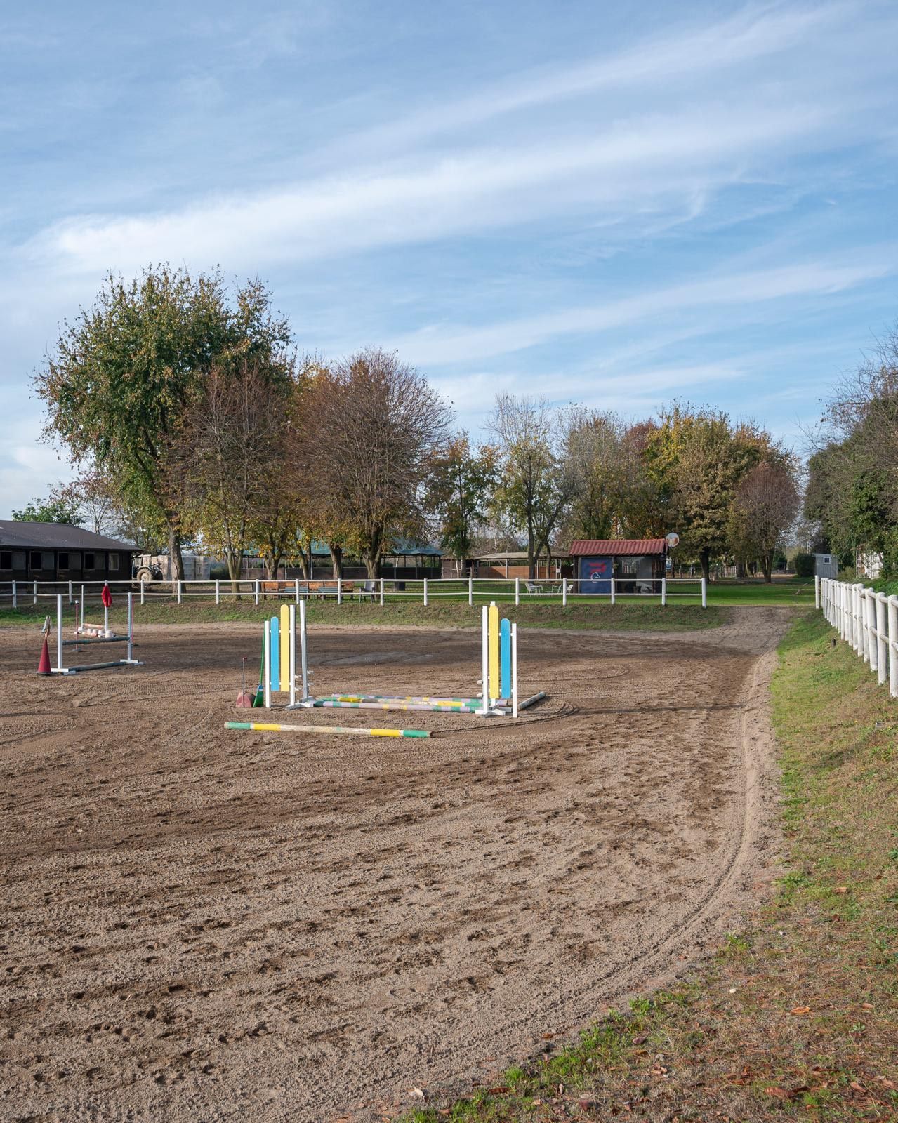Una donna con un cavallo è in piedi davanti a un fienile, incorniciato da ulivi.