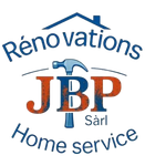 Logo pour JBP Sàrl Rénovations Service à domicile avec lettrage bleu et orange et icône de toit de maison