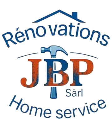 Logo pour JBP Sàrl Rénovations Service à domicile avec lettrage bleu et orange et icône de toit de maison