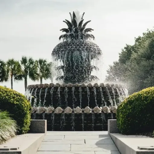 Pineapple fountain in a park, water spraying. Paved pathway, shrubbery, and palm trees.