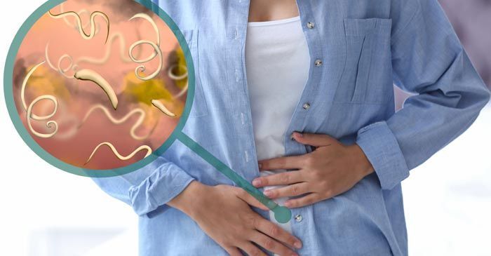 Woman holding abdomen with inset of parasite illustration suggesting Parasite Cleansing - Dr. Louis Granirer Holistic Chiropractor