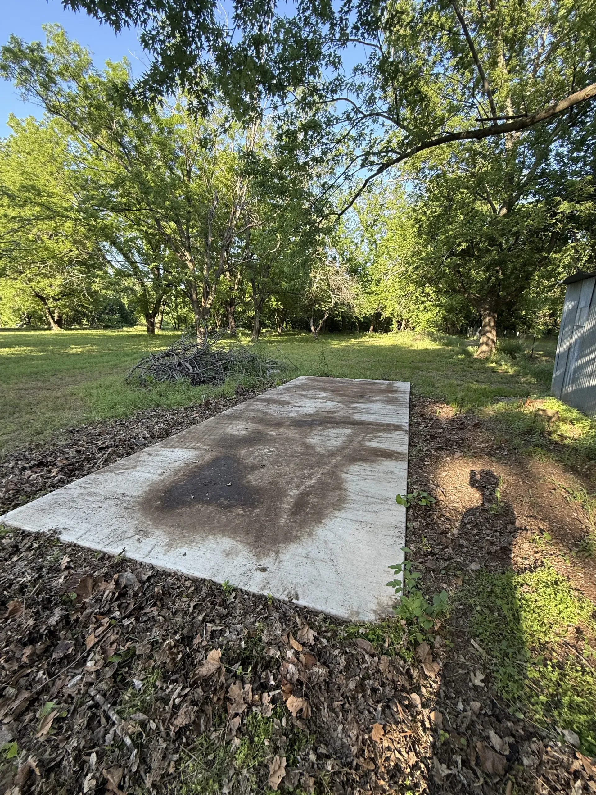 Concrete slab in a grassy yard beneath trees, covered with scattered leaves and dirt.