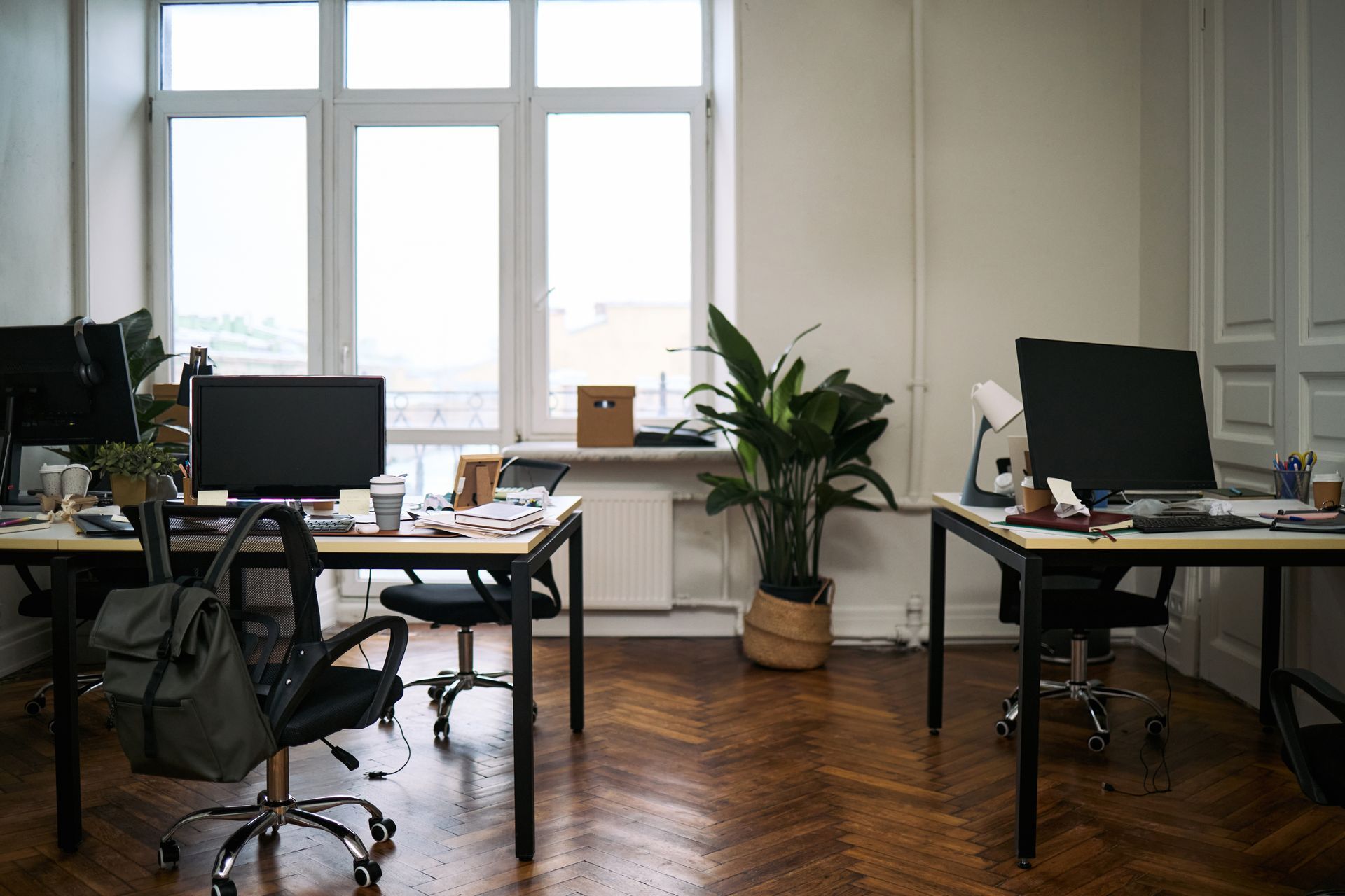 Empty modern office with desks, computers, chairs, potted plants, and large windows