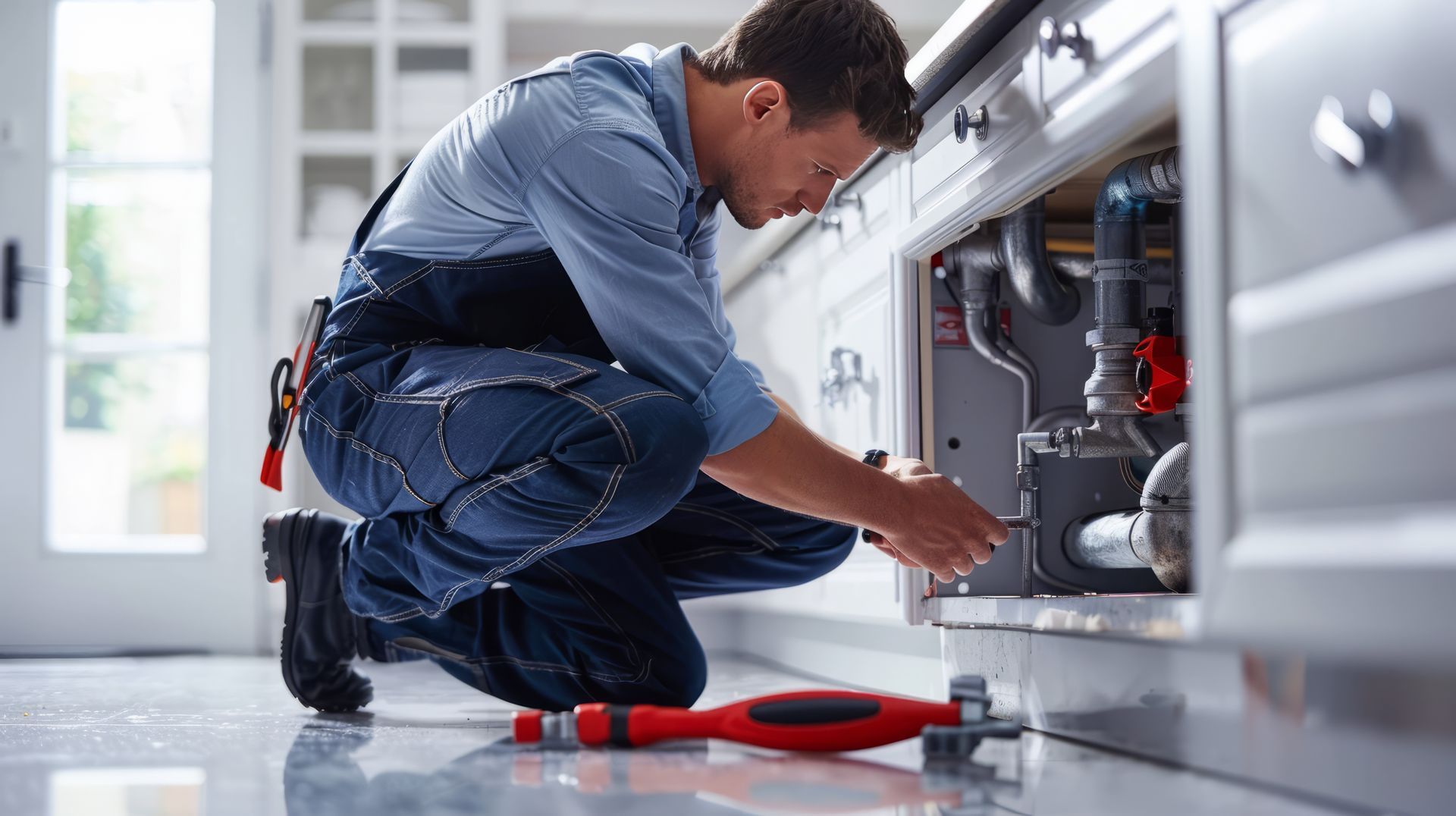 A plumber is repairing a washbasin at a kitchen. A plumber is repairing a washbasin at a kitchen.