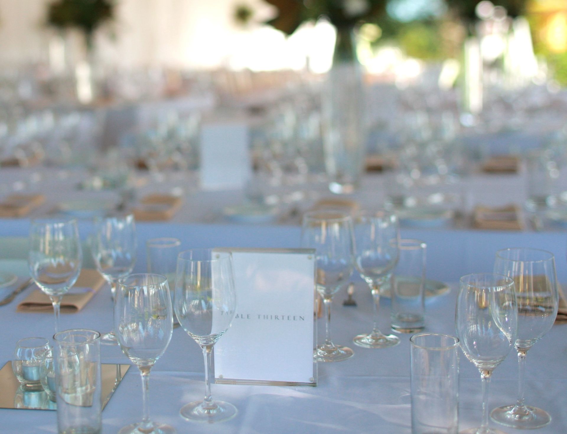 A table set for a wedding reception with wine glasses and a menu on it.