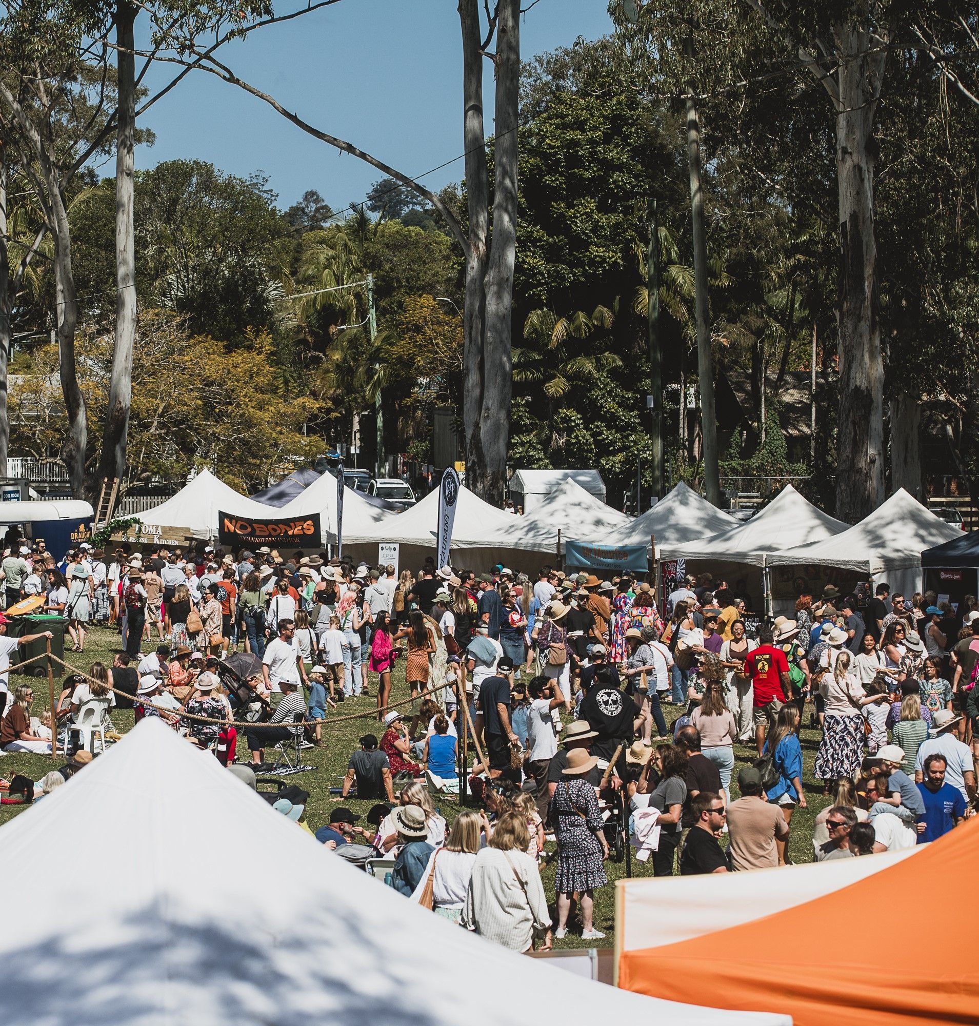 A large crowd of people are gathered in a park surrounded by tents.