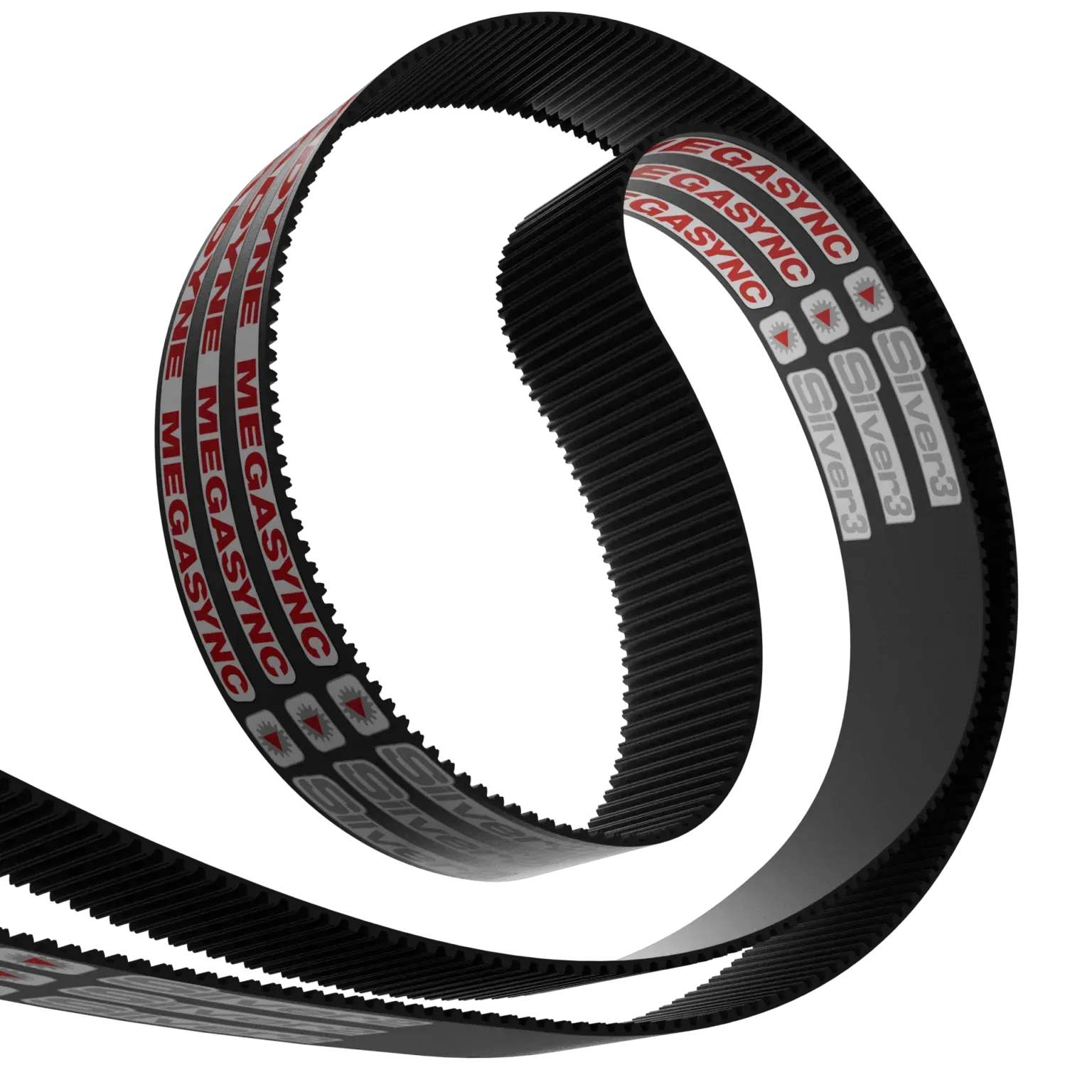 Svart tannreim merkt „MEGASYNC“ og „SilverSync“ í lykkju.