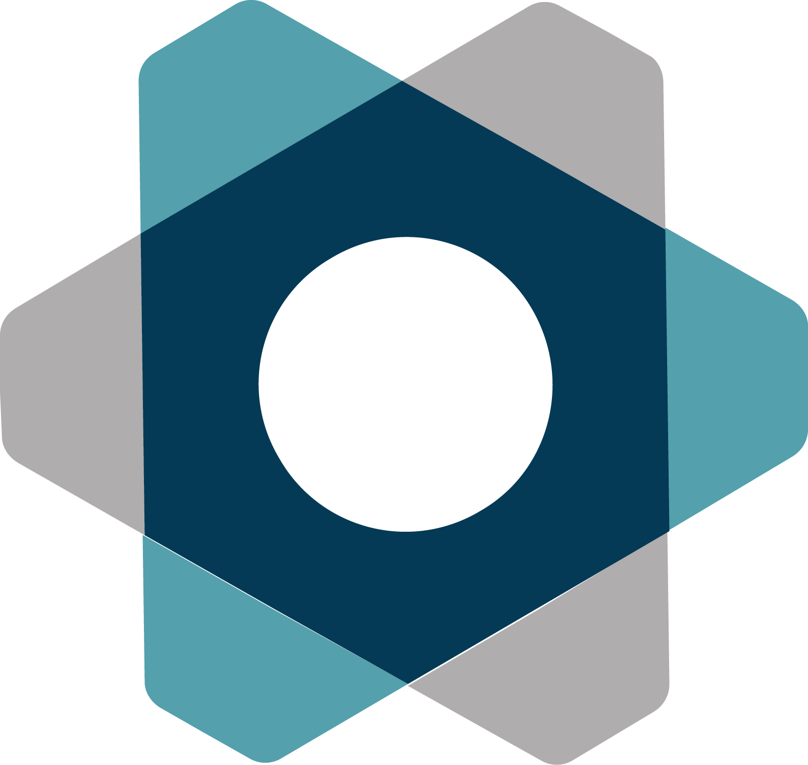 Skerandi blágræn, grá og dökkblá form með hvítum miðjuhring.