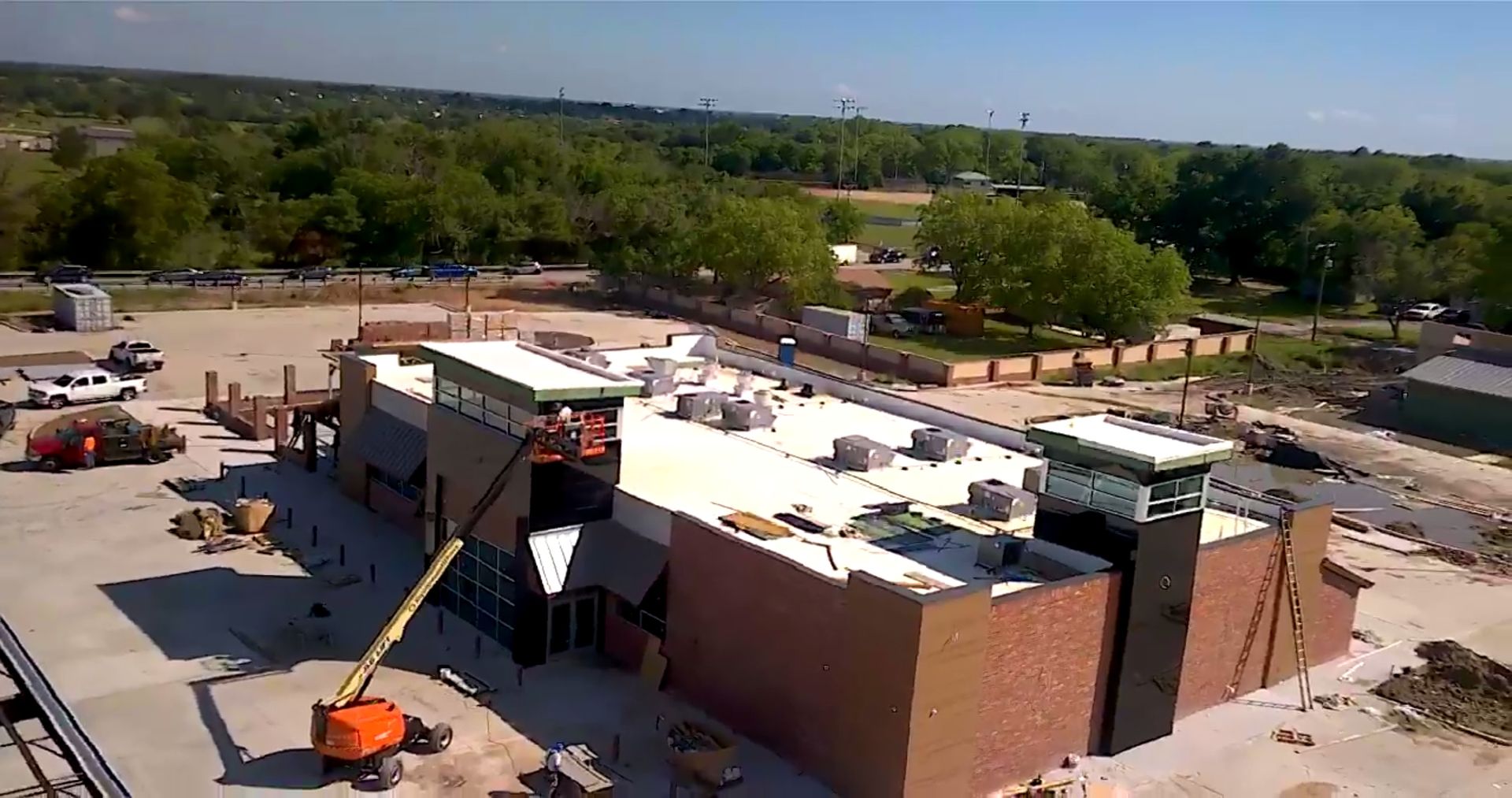 An aerial view of a building under construction.
