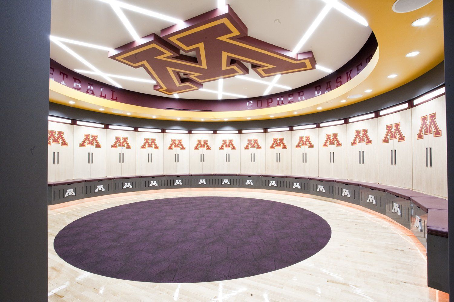 A locker room with a large t on the ceiling