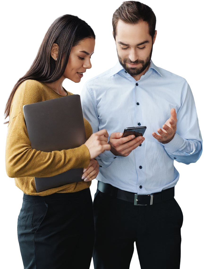 Woman and man looking at a smartphone, woman holding laptop.