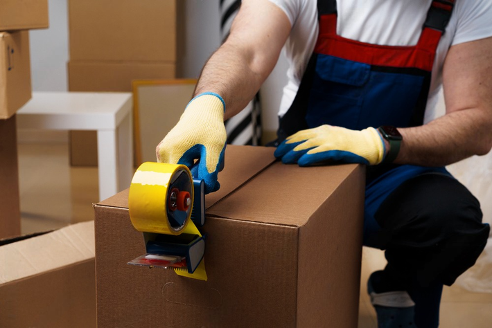 A man is taping a cardboard box with yellow tape.