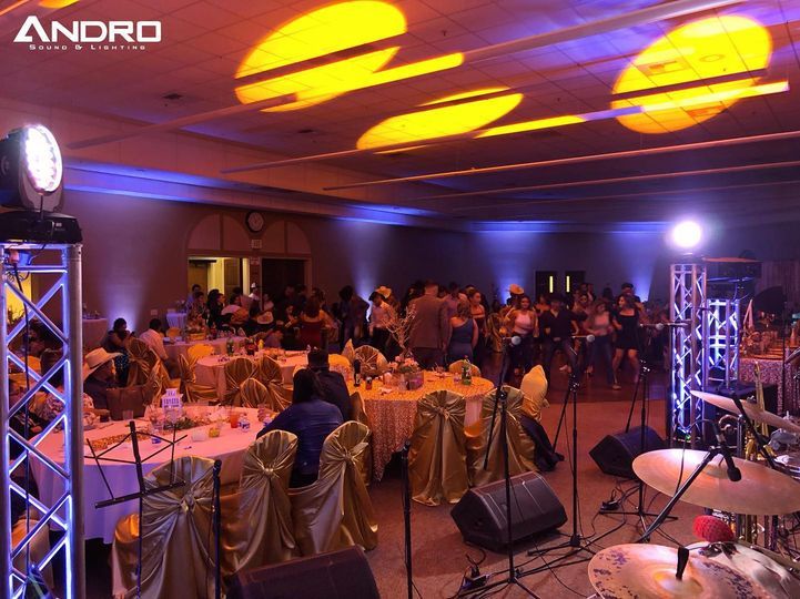 a large room with tables and chairs and the word andro on the ceiling