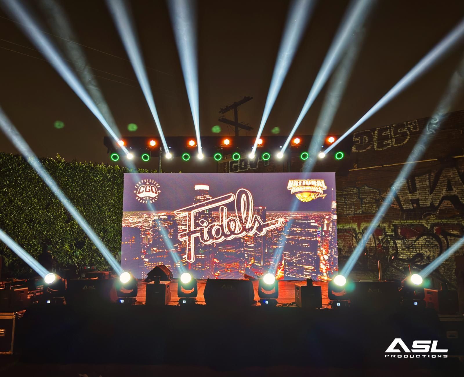 An outdoor stage features a large screen with a city skyline display under bright, multi-beam spotlights at night.