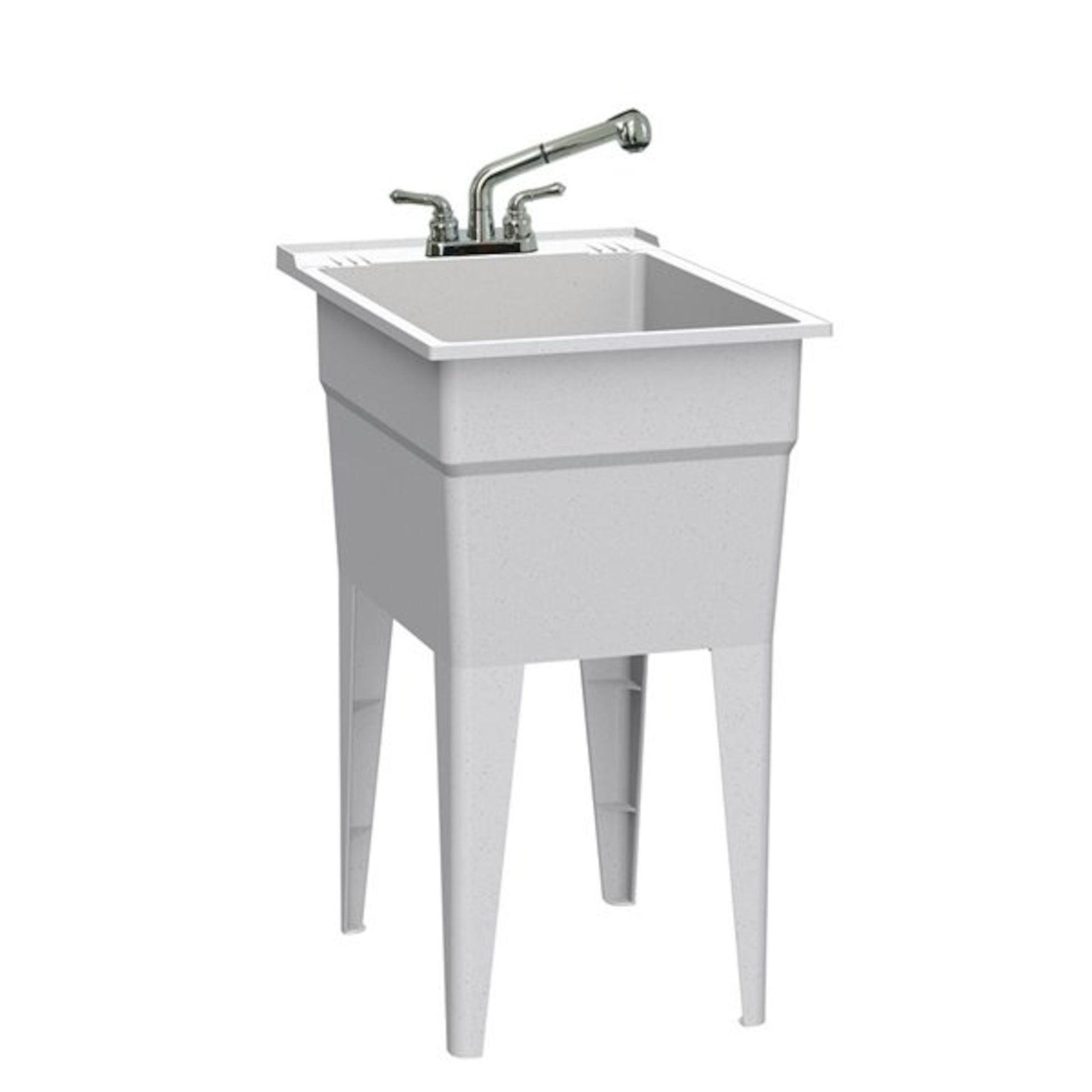 A white laundry sink with a faucet on a white background.