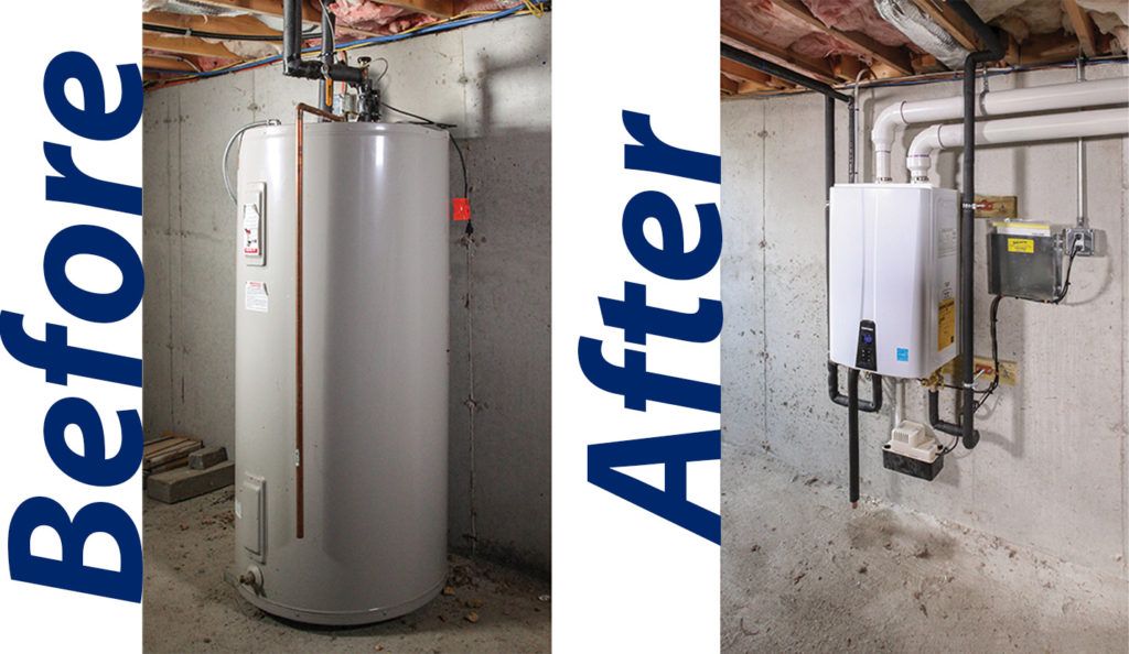 A before and after picture of a water heater in a basement