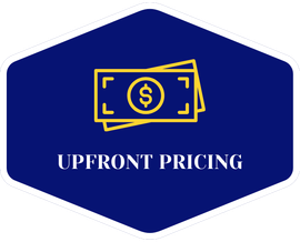 A blue hexagon with a dollar bill and the words `` upfront pricing '' written on it.