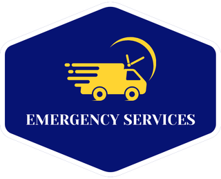 A logo for emergency services with a delivery truck and a clock.