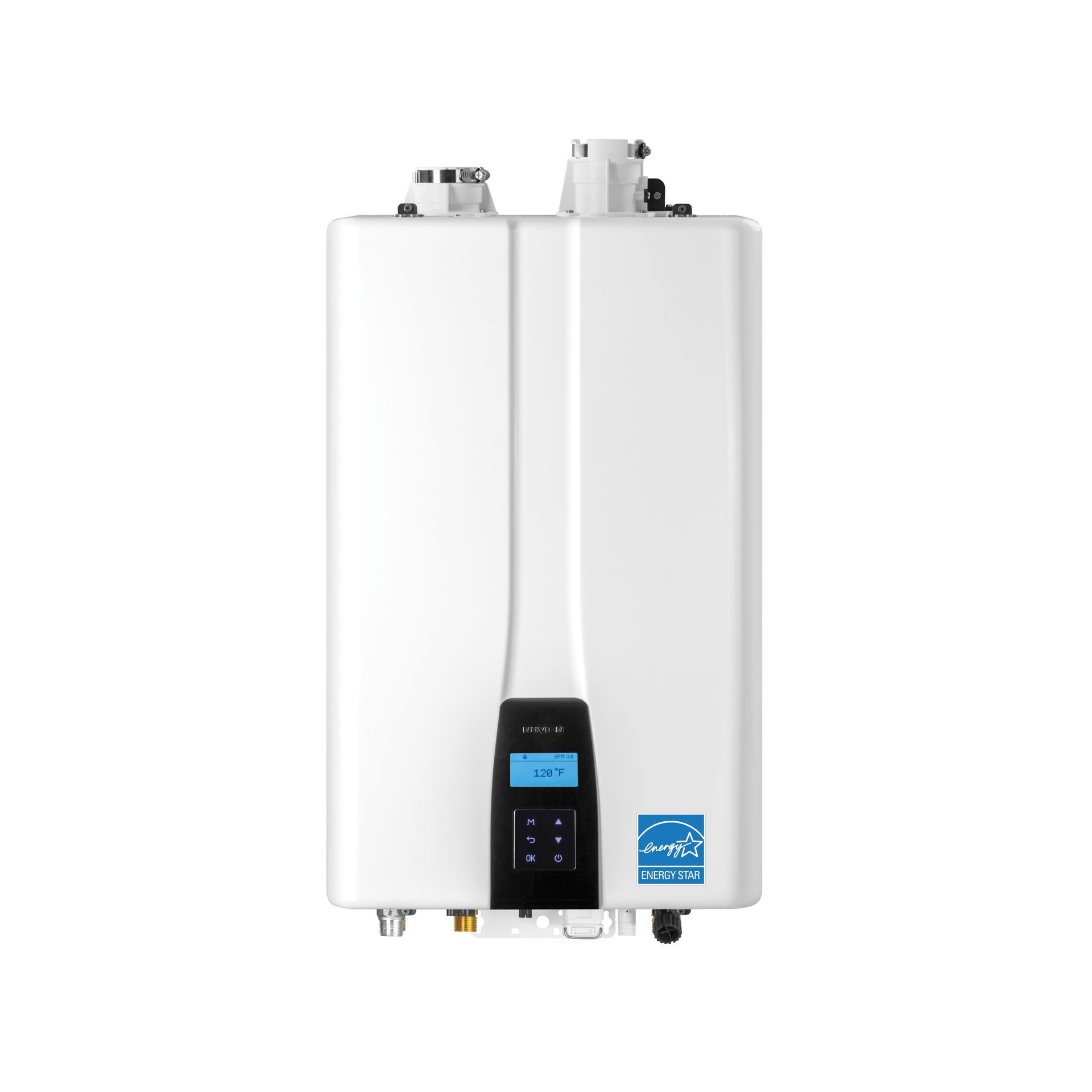 A white water heater on a white background.