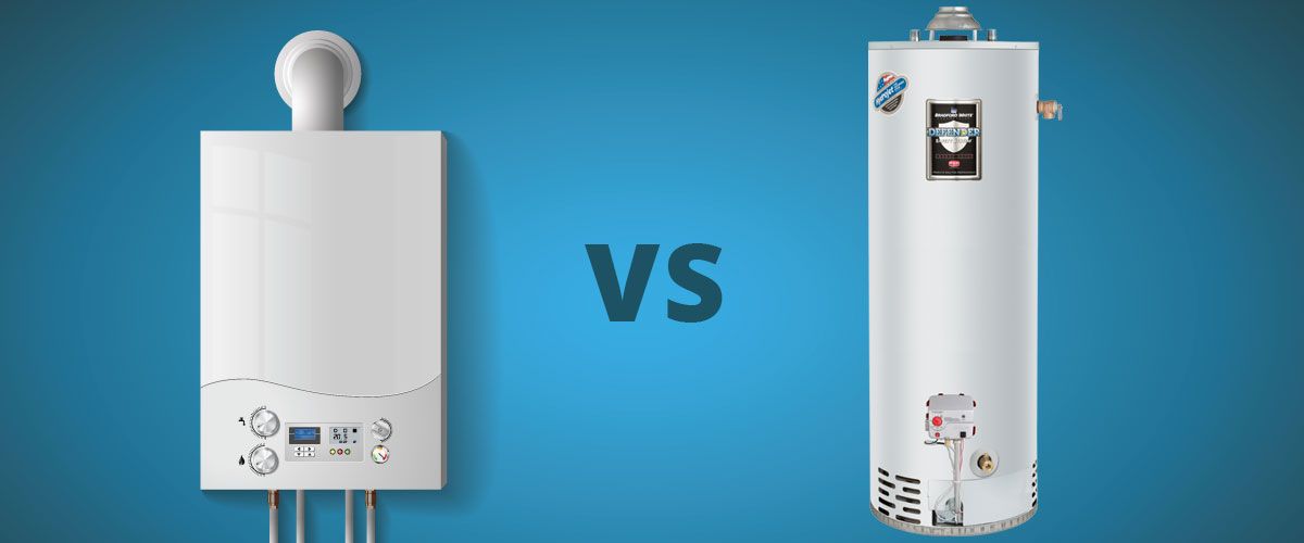 A gas heater and a water heater are sitting next to each other on a blue background.