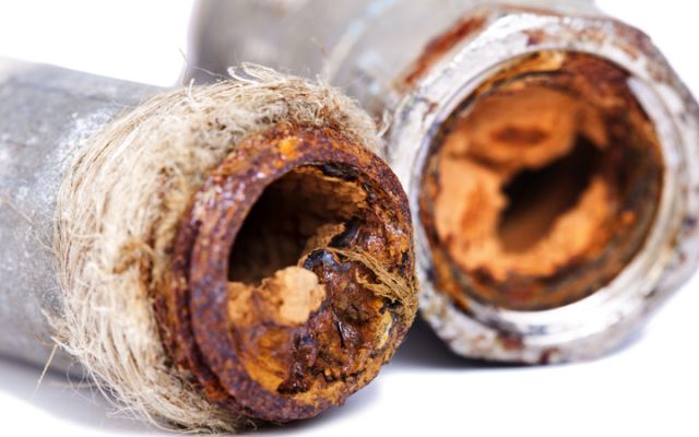 A close up of two rusty pipes on a white background.